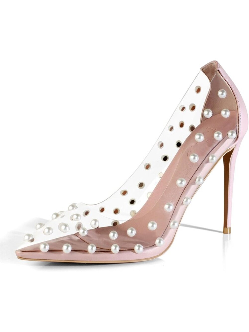 Women's Pink Pumps Pointed Toe High Heel Shoes Pearl Studded PVC Clear Heels